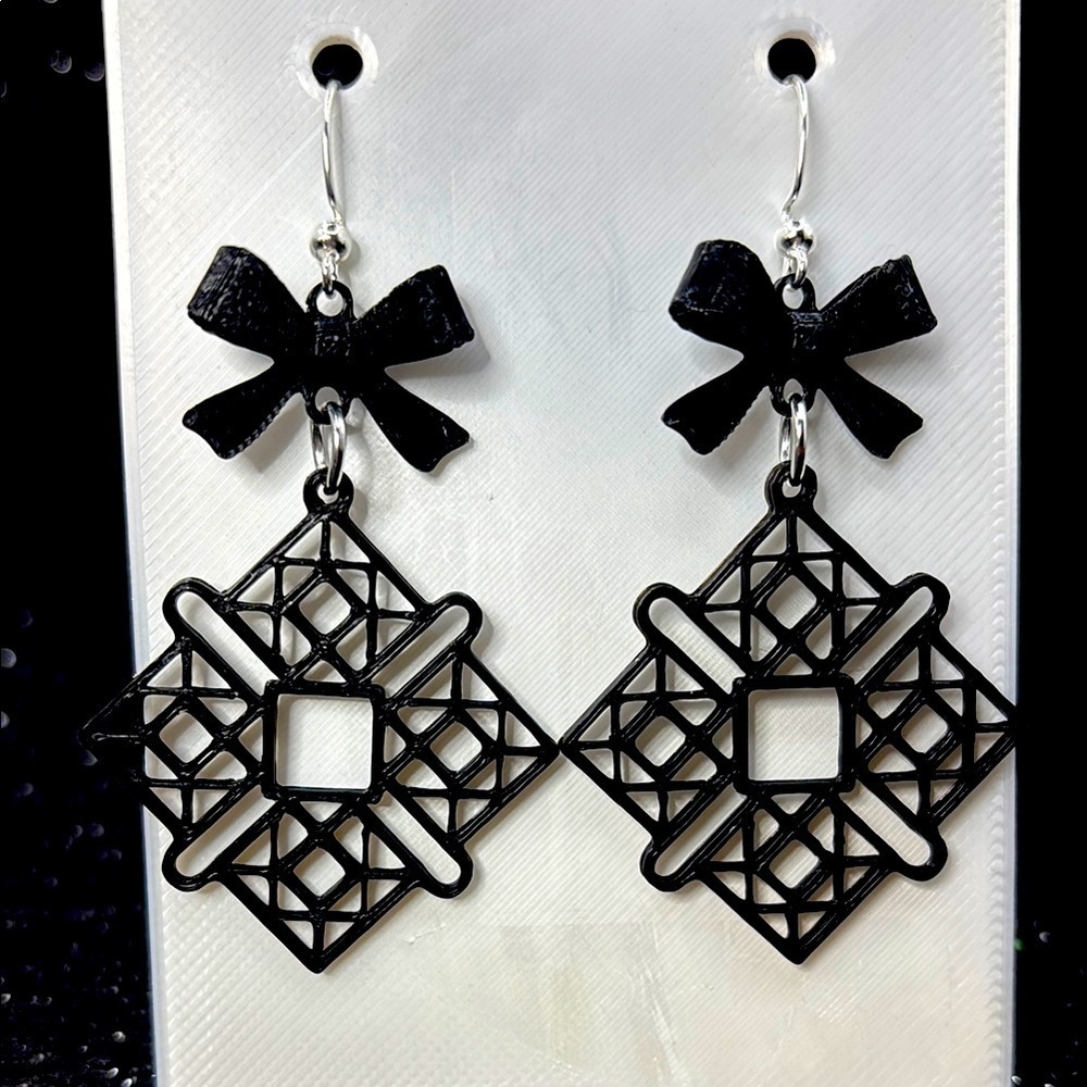 Black Geometric Earrings with Bow Accent